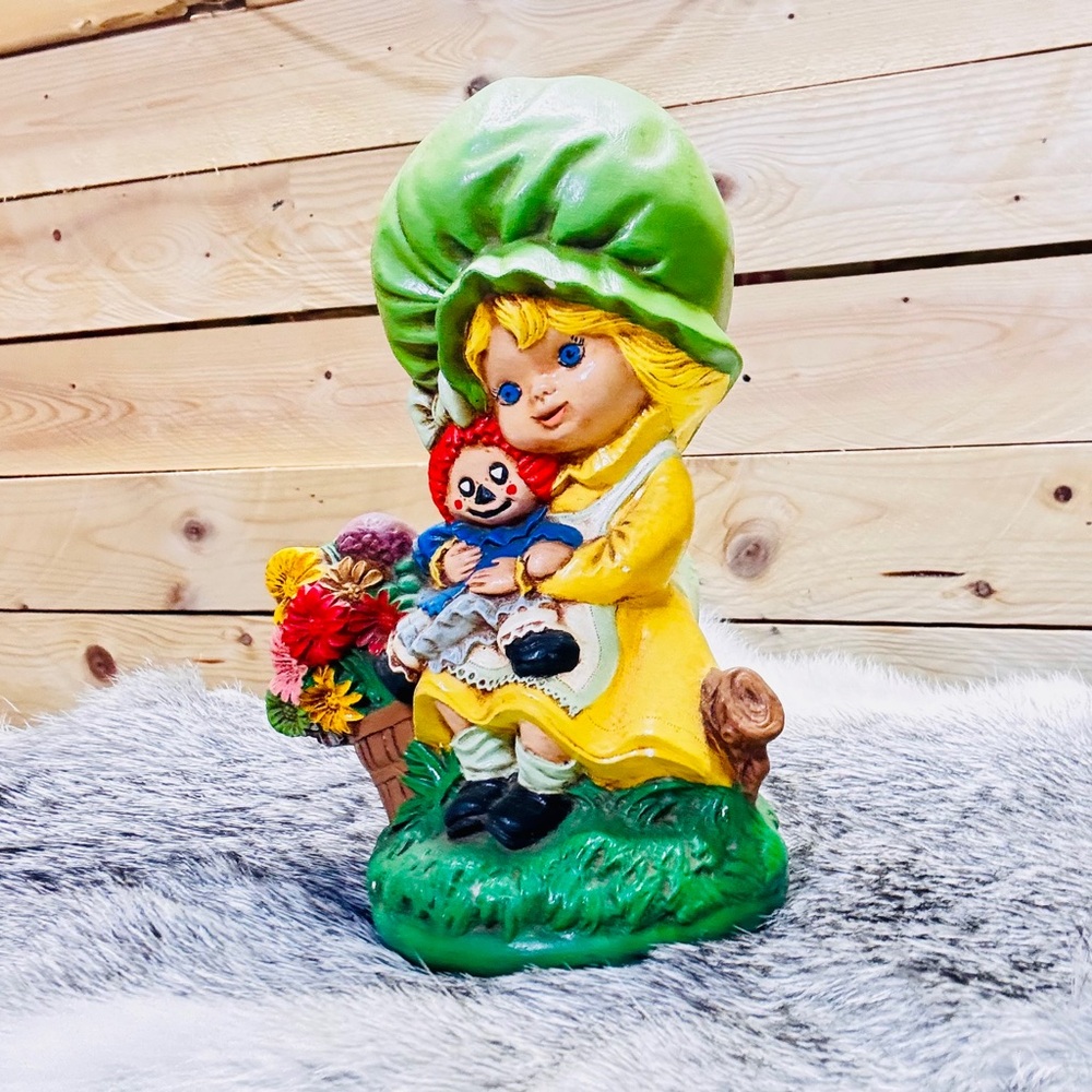 Whimsical Girl with Doll Figurine - Green and Yellow